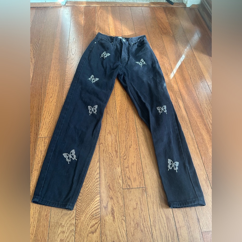 PacSun Black Skinny Pants with White Butterfly Embroidery